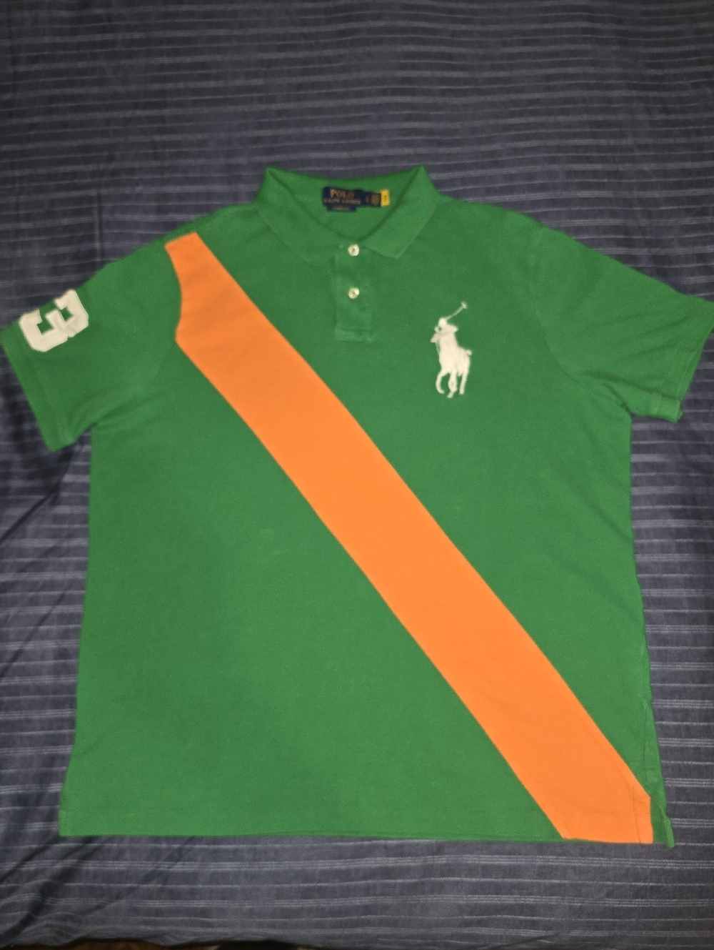 LG - Ralph Lauren Green Polo Shirt with Orange Diagonal Stripe